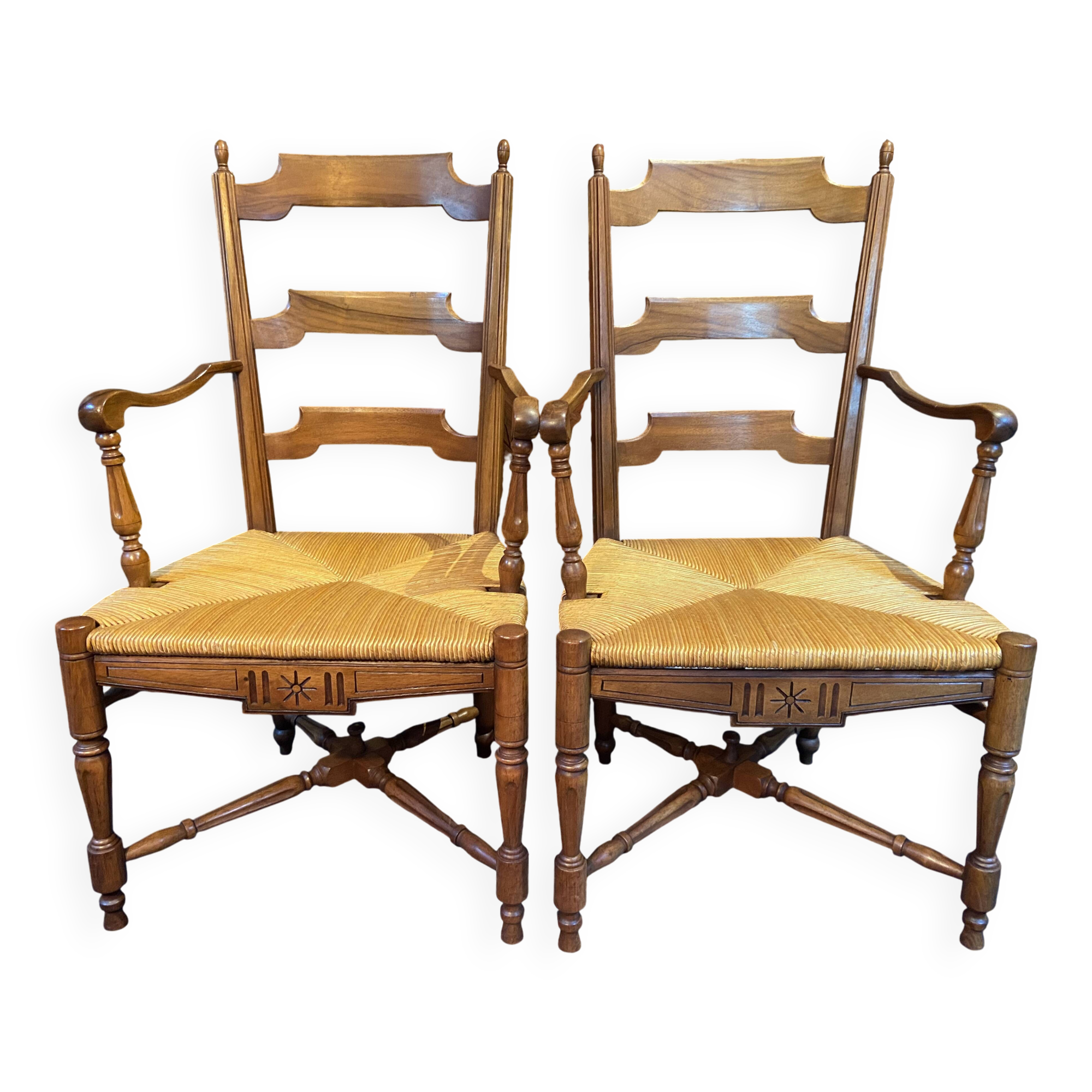Pair of solid walnut armchairs in Provençal style