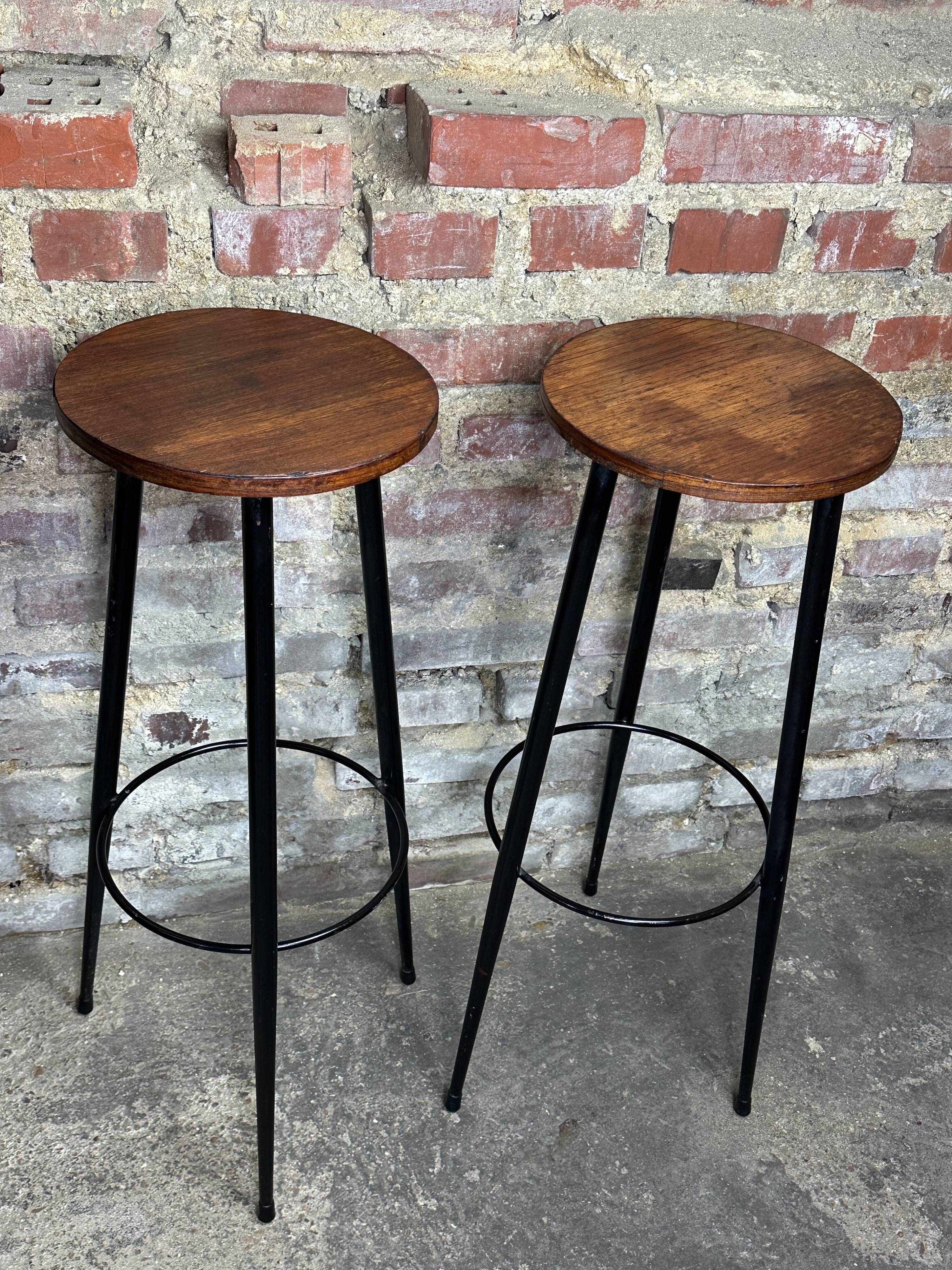 Cocktail bar in teak and metal and its 2 vintage stools 1950'S