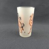 Glass illustrated by Cabu on the theme of the circus, camel ride, pink