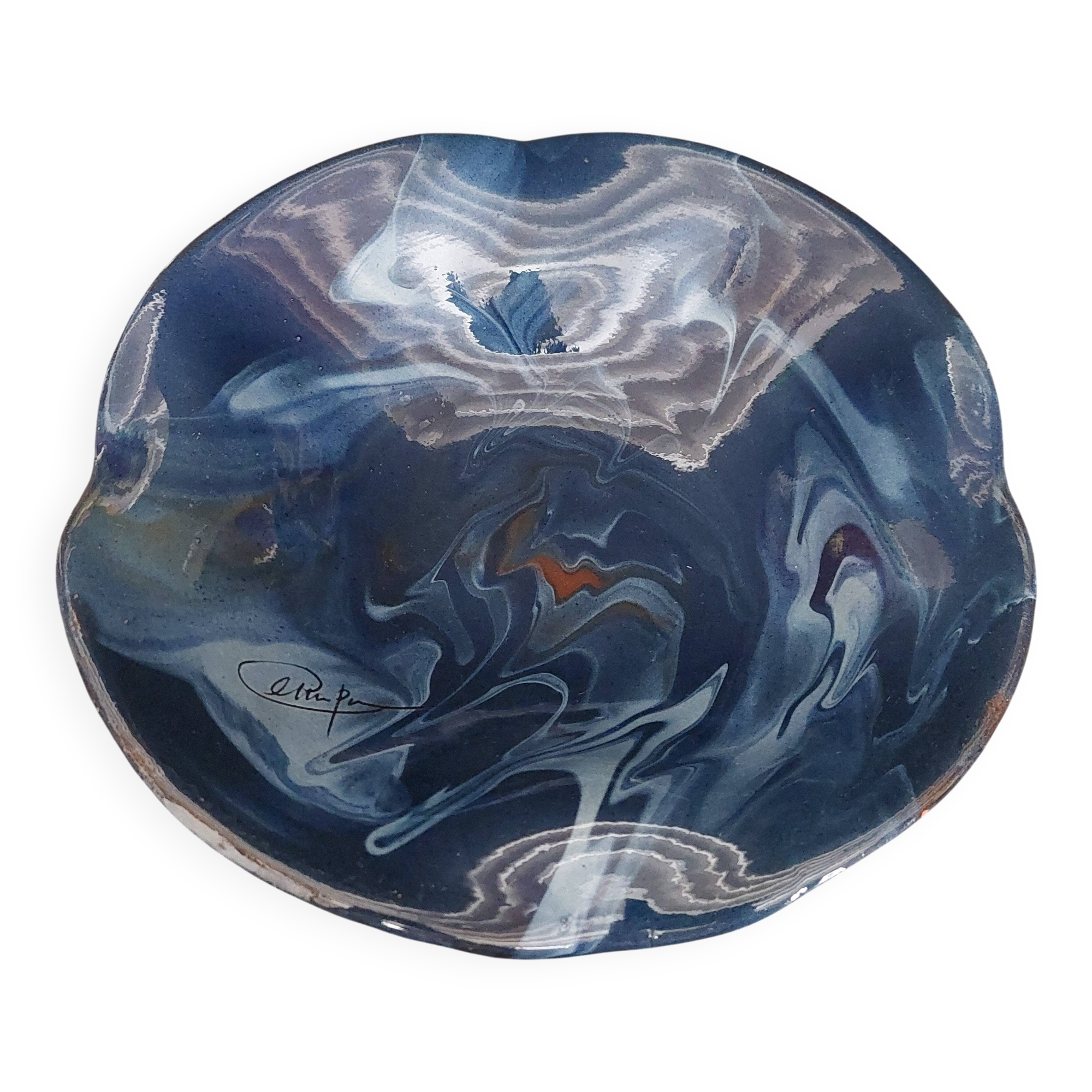 Ceramic fruit bowl in glazed terracotta signed Ceramp, 20th century