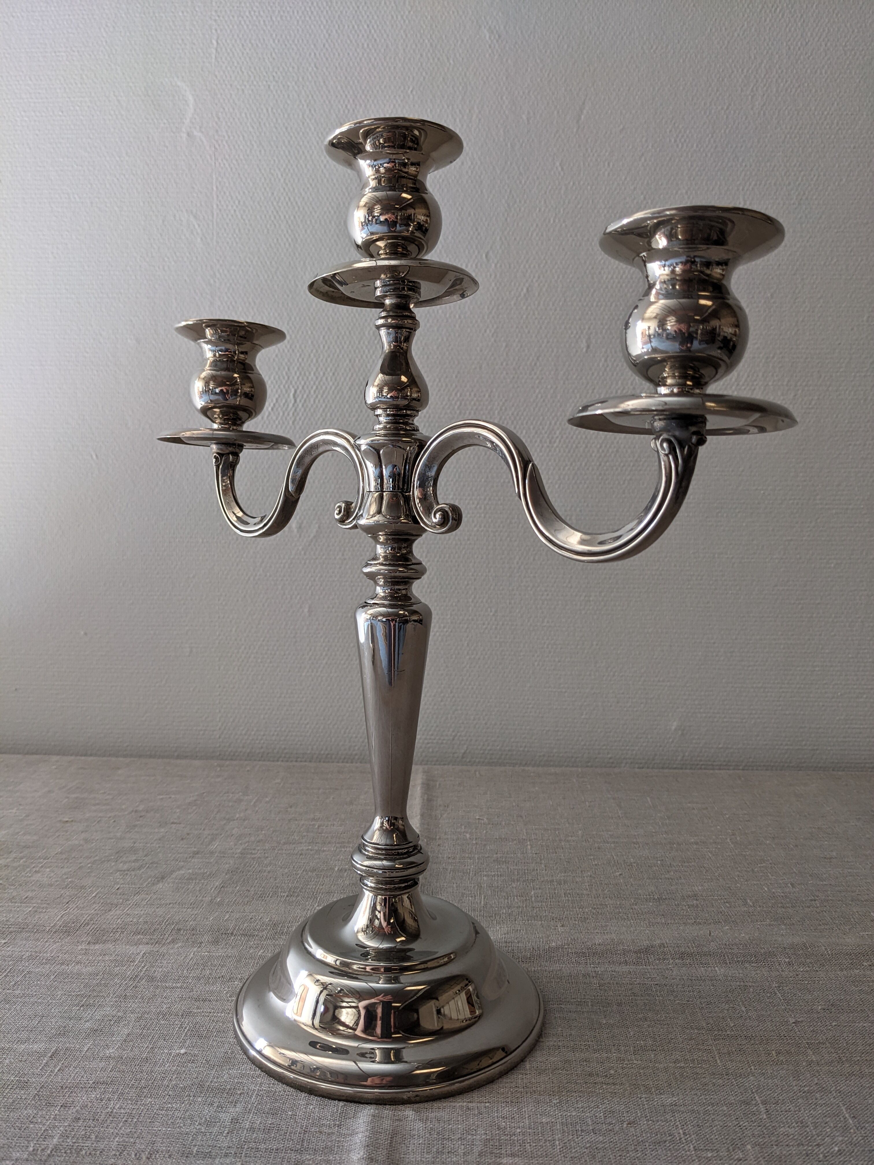 Pair of 3-light candlesticks in silver metal