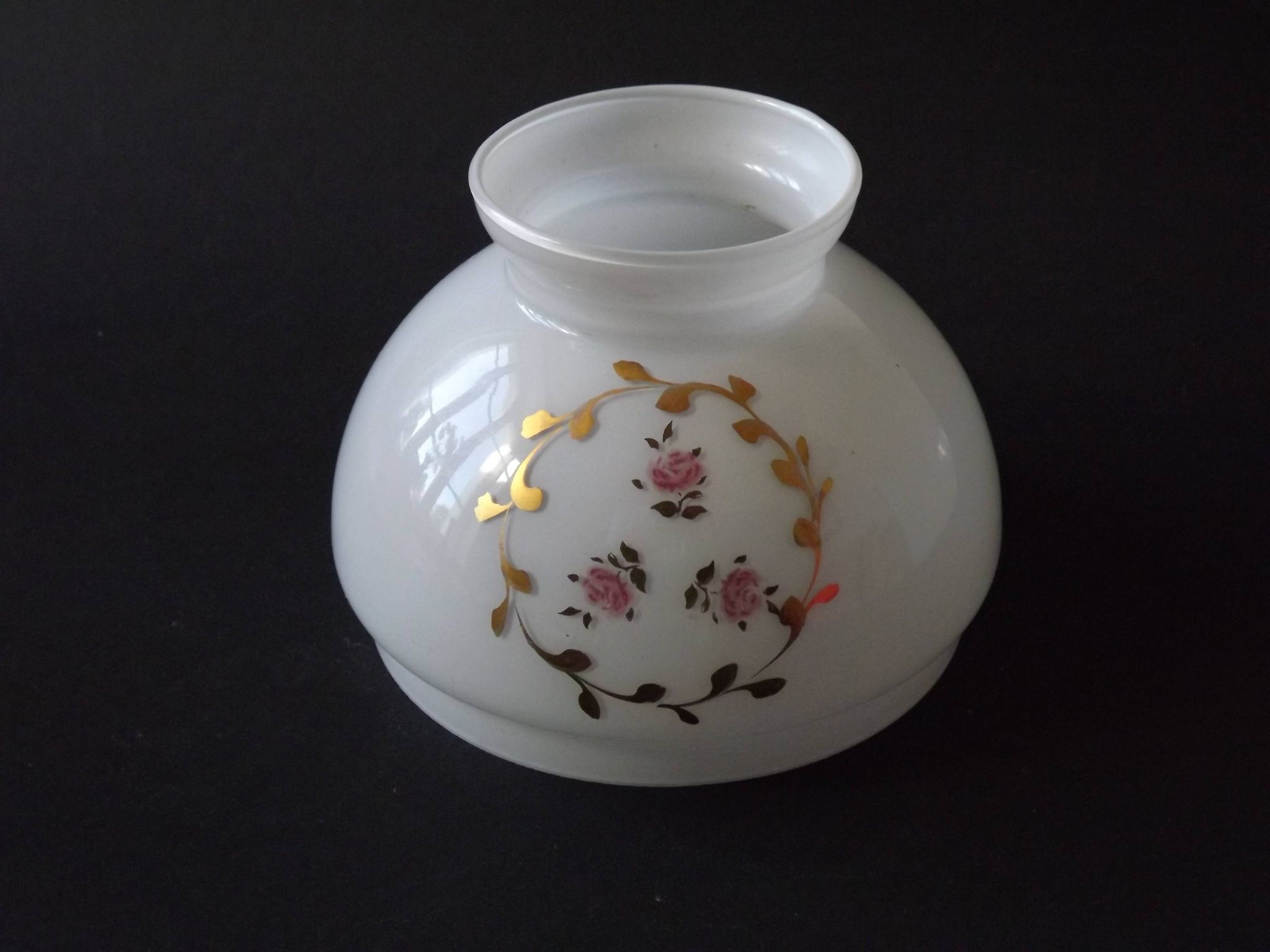 Pair of Vintage White Milk Glass Lamp Shades With Pink Roses & Gold Foliage