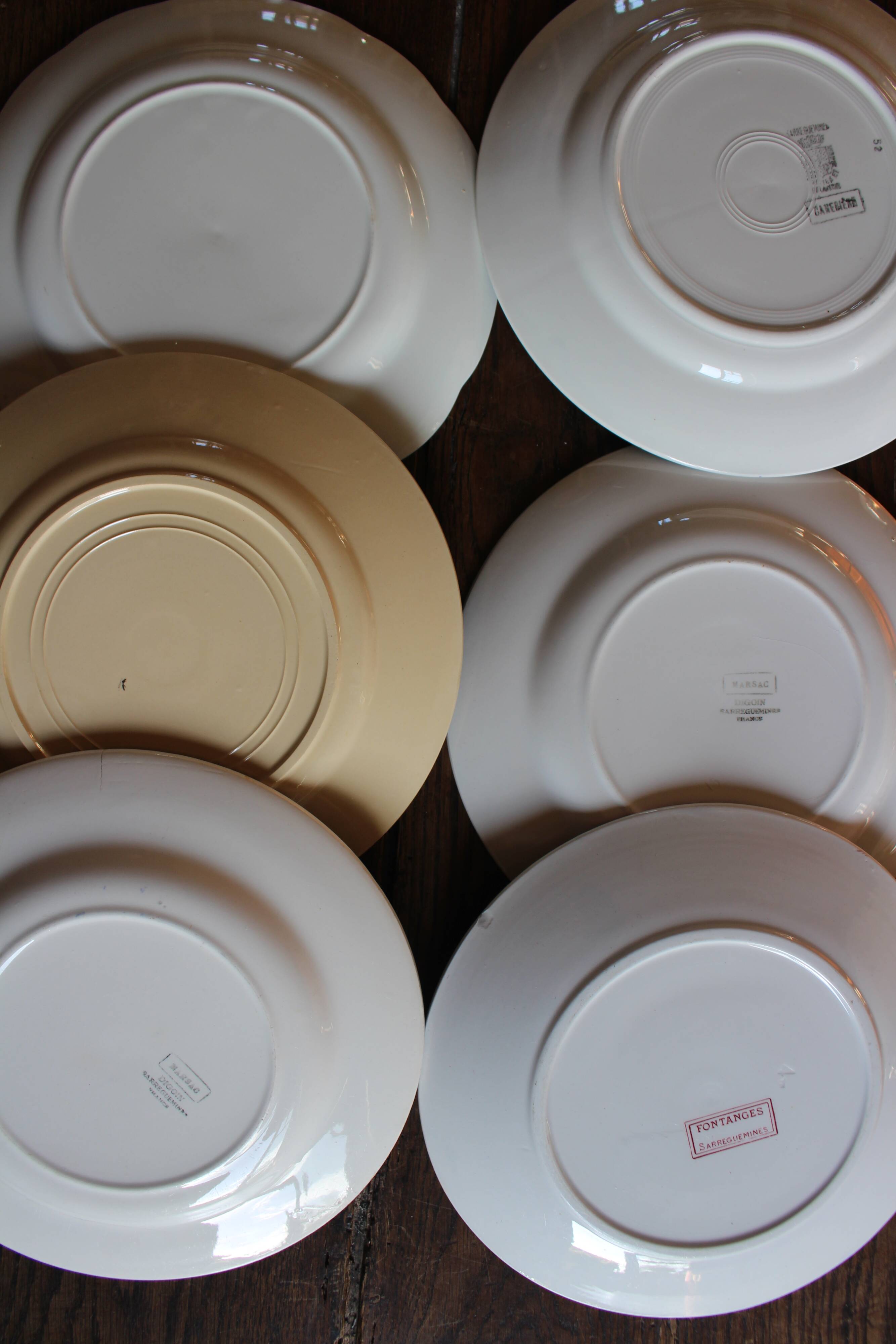 6 mismatched flat plates Marsac Canebière Fontanges Digoin Sarreguemines