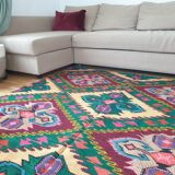 Tapis roumain vintage 330X176 cm tissé à la main dans la laine jaune et vert design géométrique