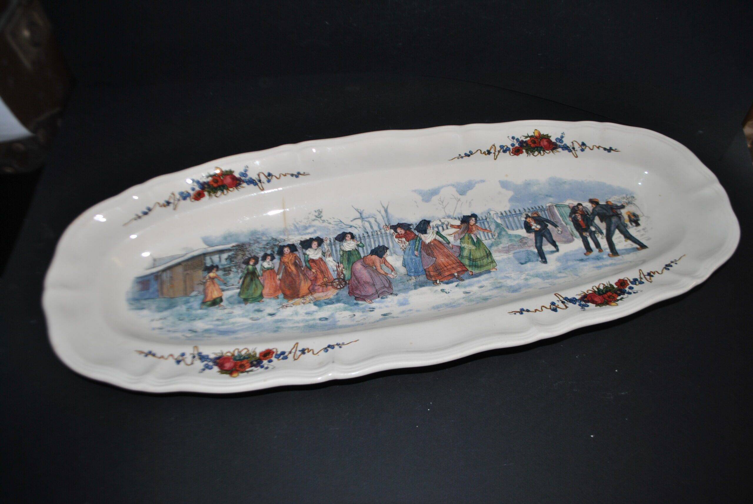 Sarreguemines large oval dish Obernai the snowball fight H. Loux