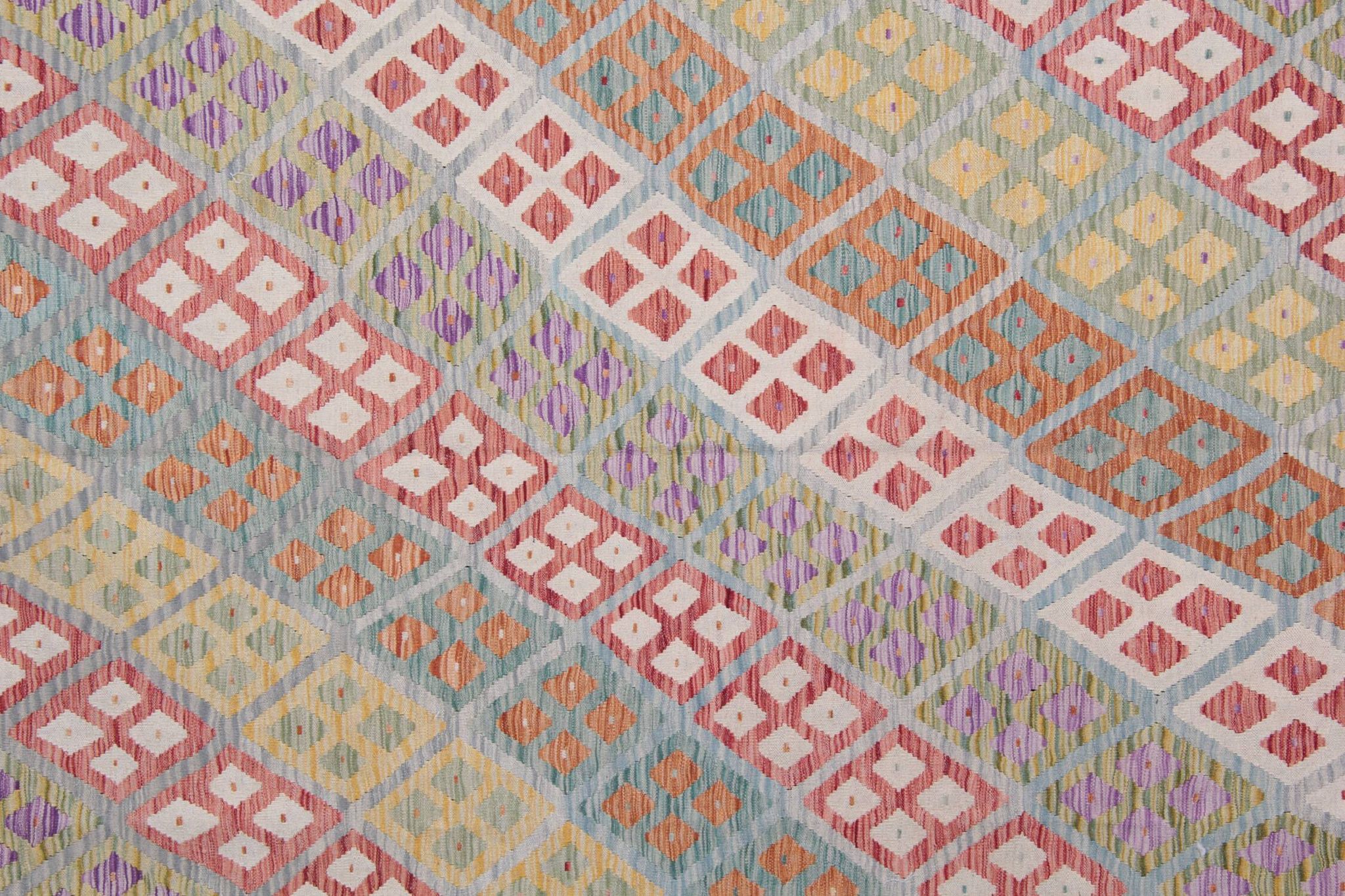 Tapis Kilim afghan multicolore : tissage plat contemporain en laine à rayures 296 x 202 cm
