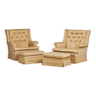 Armchairs with Matching Footstools (Pair) — Light Textile Upholstery