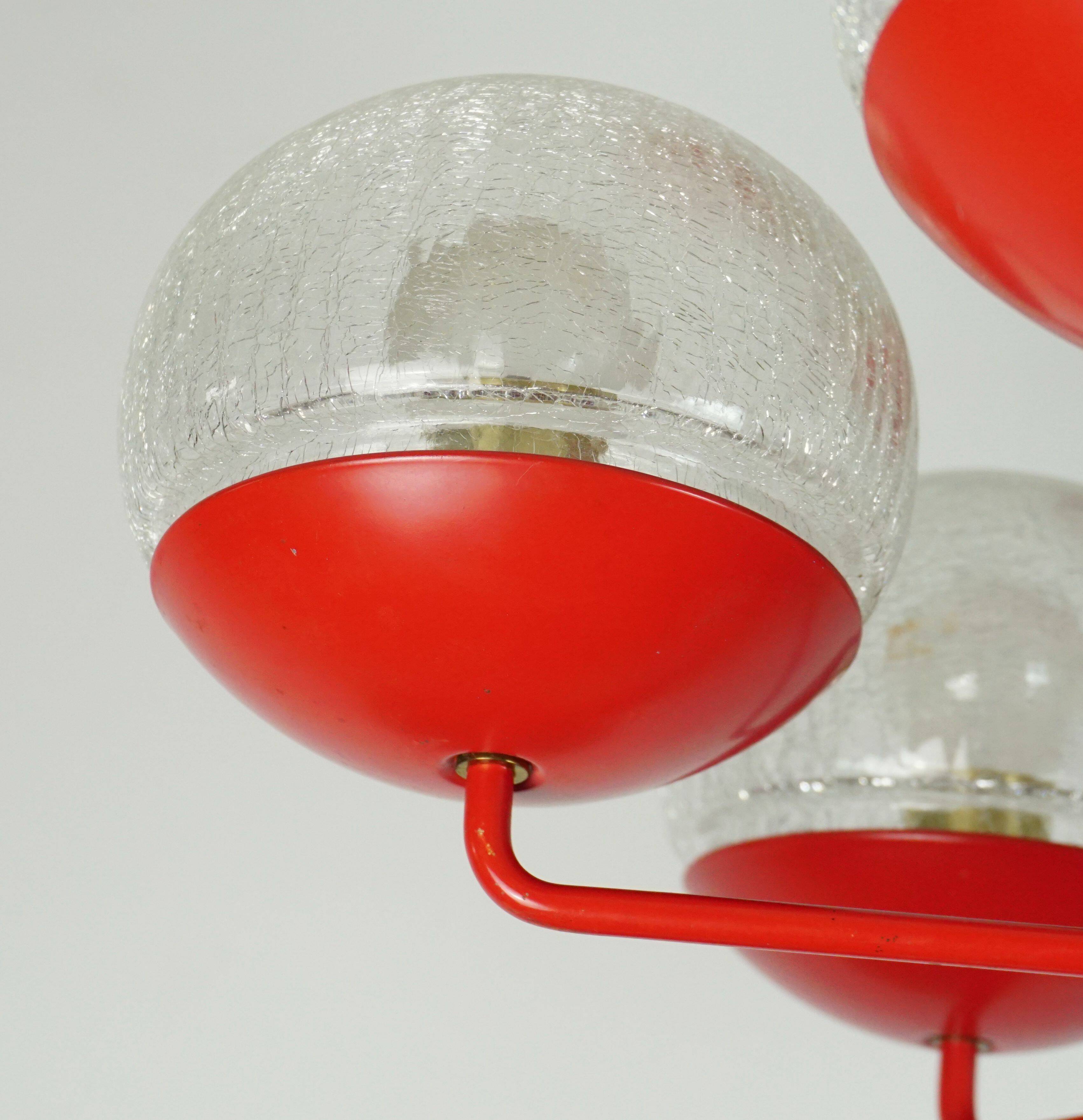 1960s chandelier, red metal and brass, 9 crackle glass shades