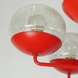 1960s chandelier, red metal and brass, 9 crackle glass shades