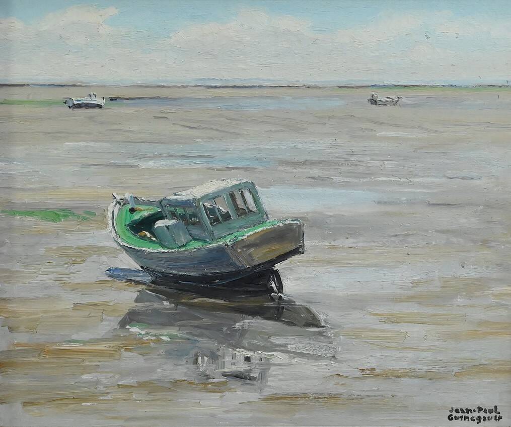 Painting "Boat at Low Tide", signed J-P. Guinegault – 2nd part of the 20th century