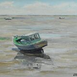 Painting "Boat at Low Tide", signed J-P. Guinegault – 2nd part of the 20th century