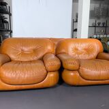 Sofa set in cognac leather by Sapporo for Mobil Girgi,  Italy 1970s