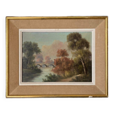Mountain landscape with a bridge and a river 1930 by Moniery