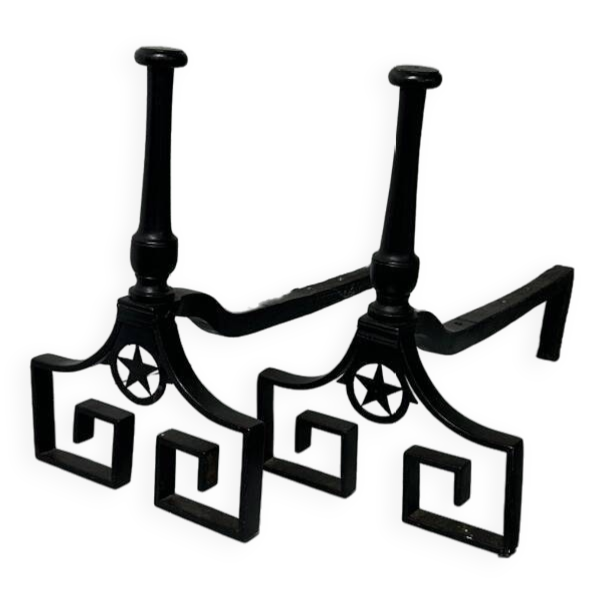 Pair of designer cast iron andirons