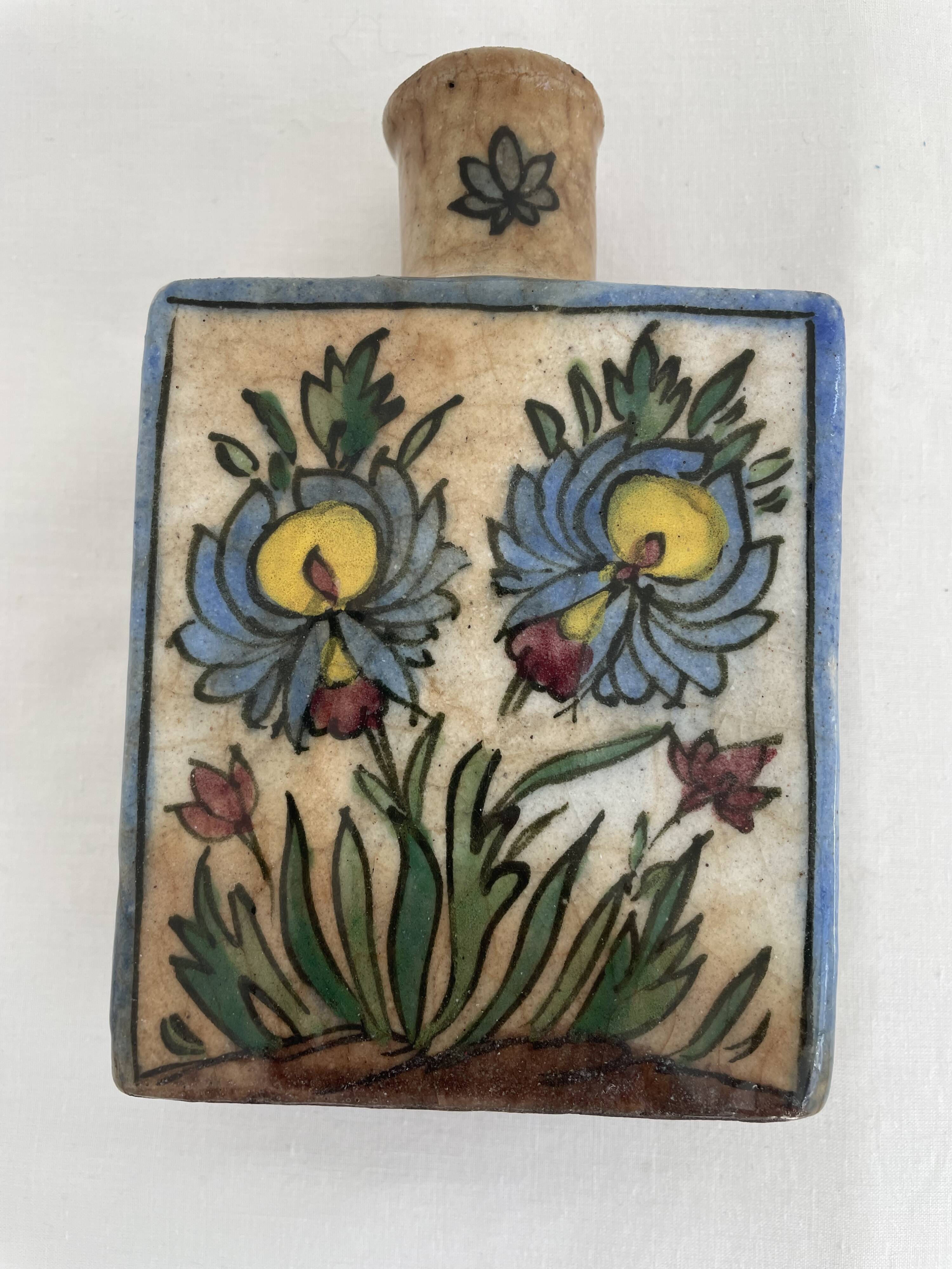 Persian bottle, antique vase with polychrome flower decoration, Kagjar style, antique ceramic