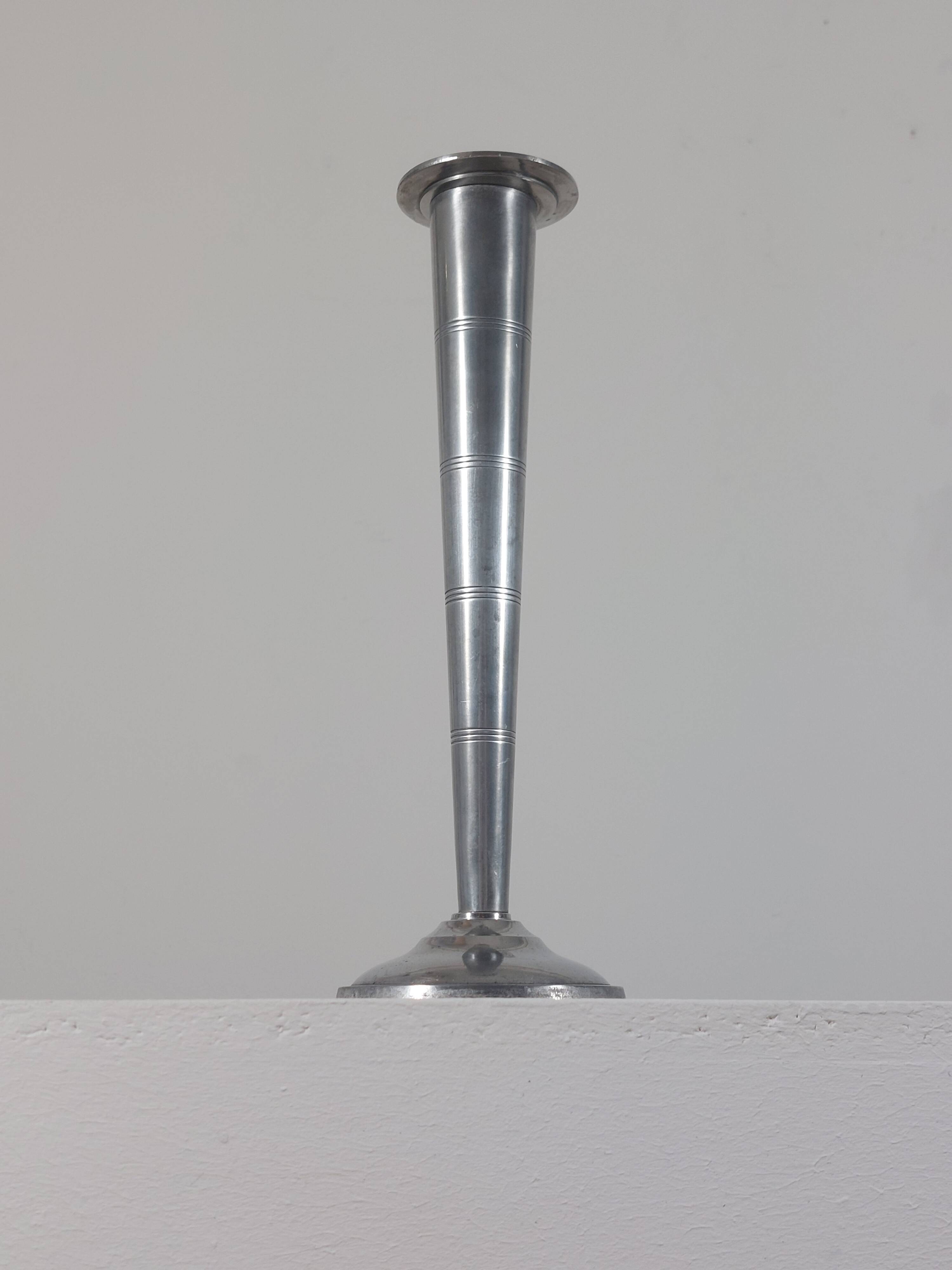 Vintage postmodern art deco revival chromed aluminum candlestick