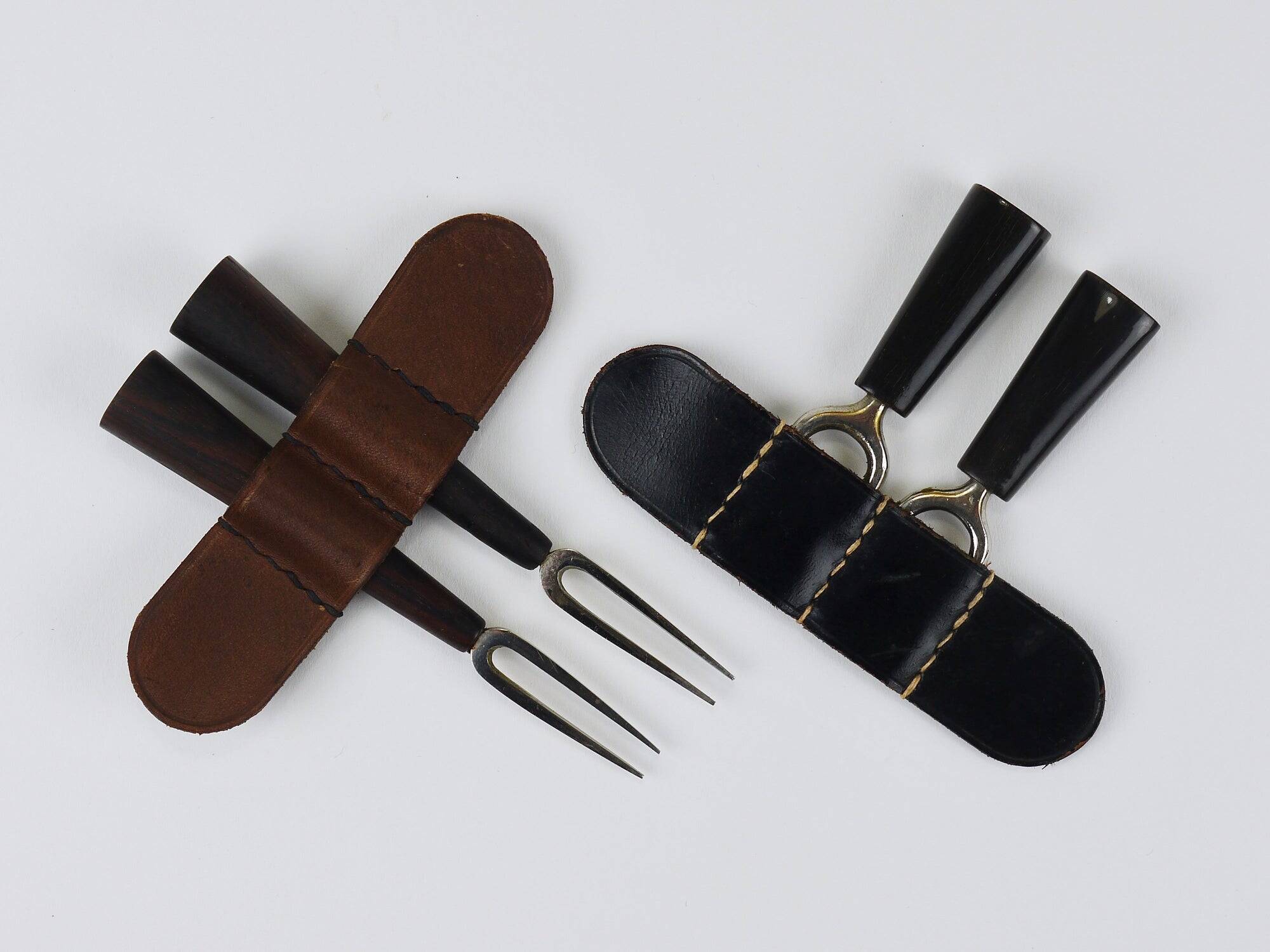 Carl Aubock Forks, Brass, Leather Holder, Corn Cob Skewers, Vienna, 1930s