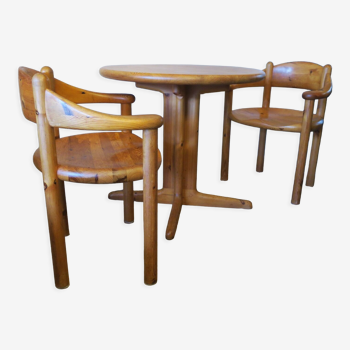 Pair elbow chairs and side table in patinated pine by Rainer Daumiller for Hirtshals Sawmill, 1960s