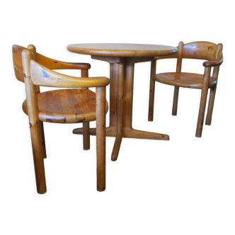 Pair elbow chairs and side table in patinated pine by Rainer Daumiller for Hirtshals Sawmill, 1960s