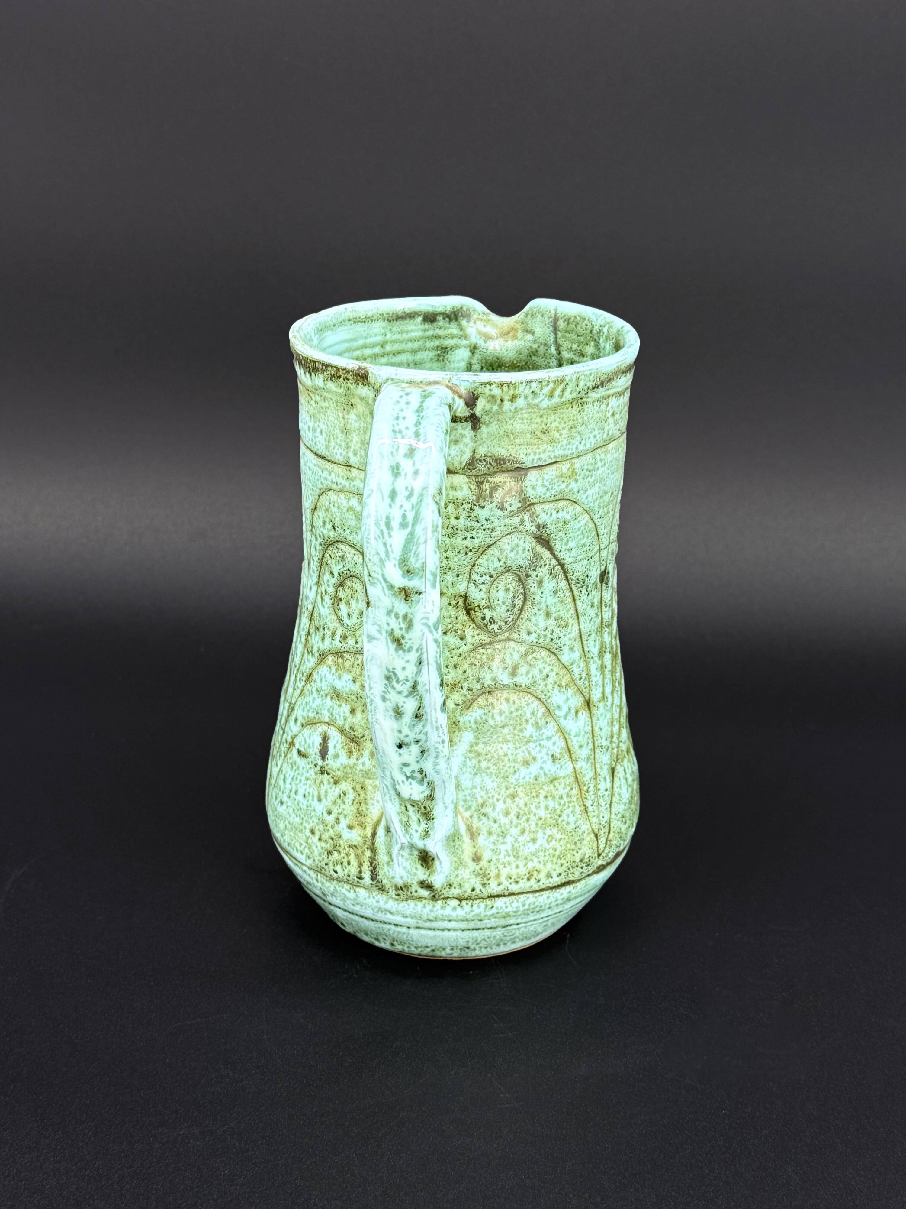 Turquoise green glazed stoneware pitcher – signed, France, 1970
