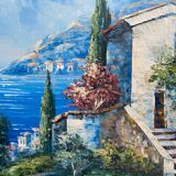 Table hst "mediterranean navy" signed + frame (xx°) cypress sailboats