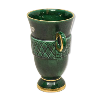 Vase à oreilles à col évasé vert et liseré doré St Clément - France - numéroté - vintage 1950