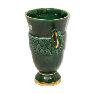 Ear vase with flared collar, green and golden edug St Clément - France - numbered - vintage 1950