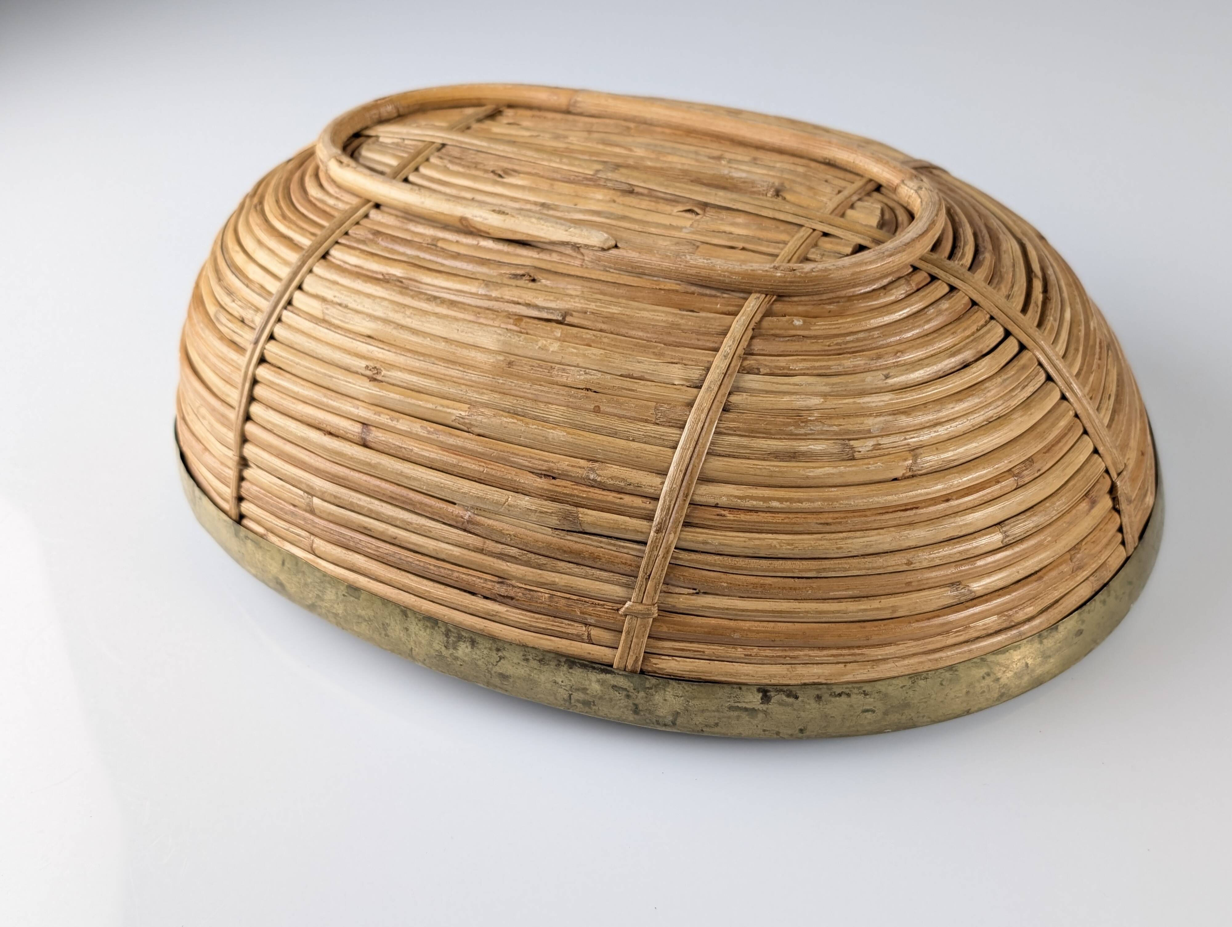 Italian oval rattan and brass centerpiece, mid-century style, 1970s