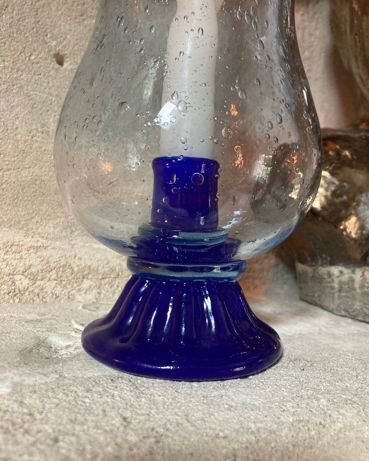 Biot blue bubble glass candle holder