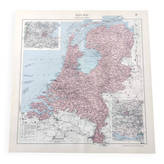 Carte des Pays-Bas Amsterdam Rotterdam 43x43cm de 1950