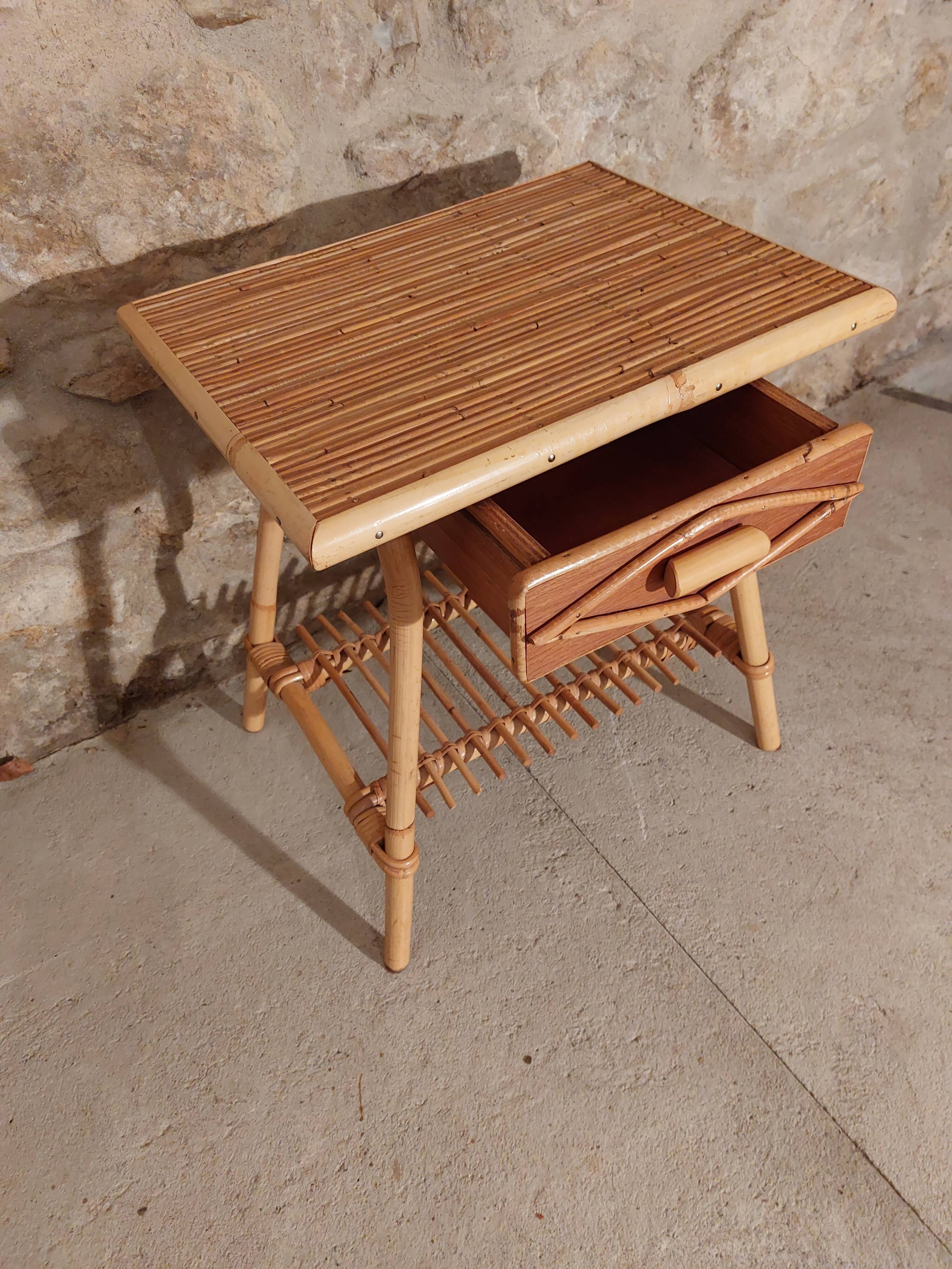 Side table with drawer rattan