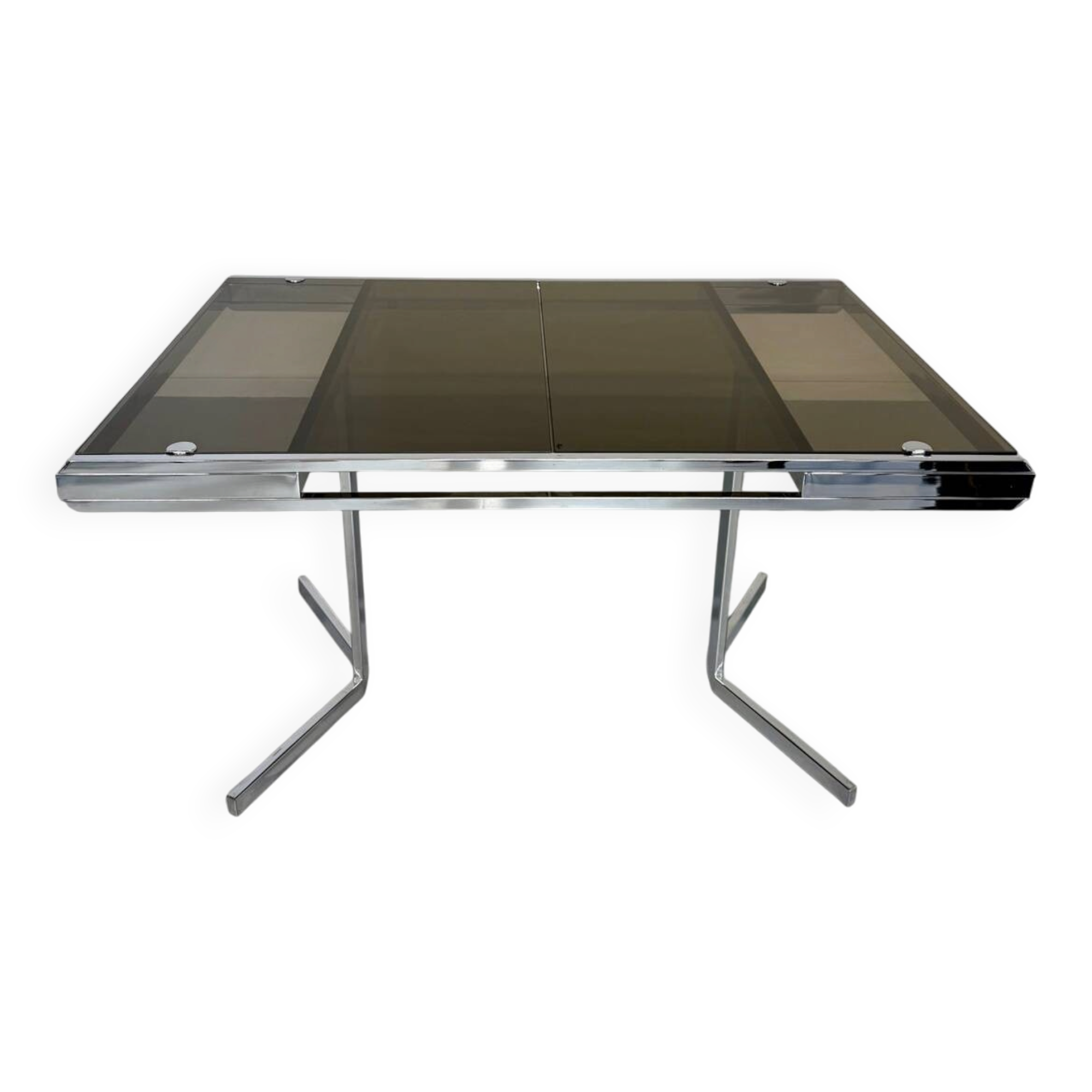 Smoked glass dining table with chrome legs, 1970s design by Roche Bobois.