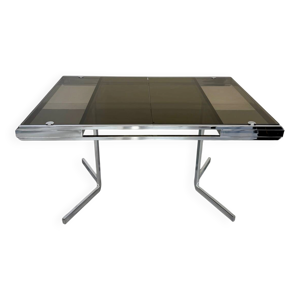 Table à manger en verre fumé et pied chromé par Roche Bobois, années 70