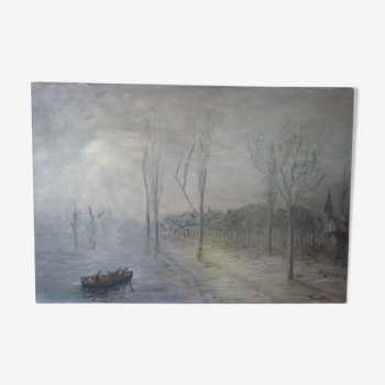 Tableau huile sur toile barque dans la brume 1961 signé