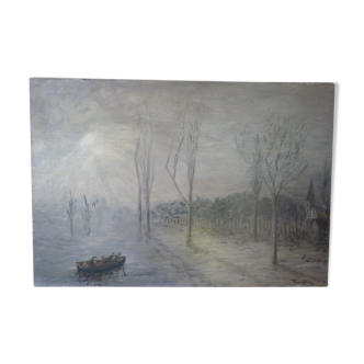 Oil on canvas painting boat in the mist 1961 signed