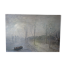 Tableau huile sur toile barque dans la brume 1961 signé