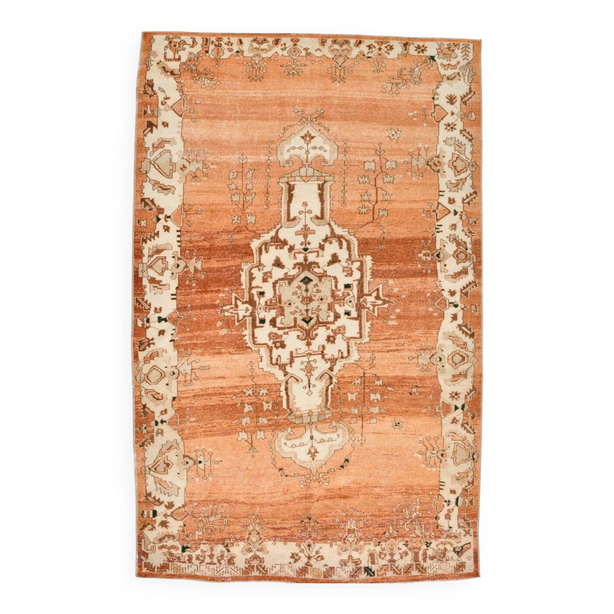 Rare Tapis Anatolien Vintage en Laine Fait Main Tons Brique & Ivoire