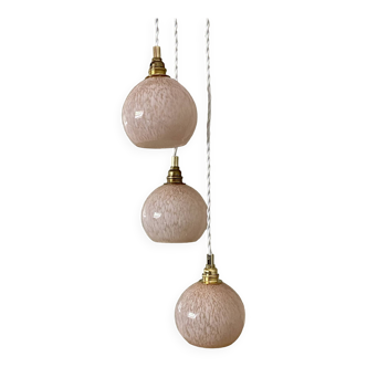 Vintage triple globe pendant light in pink Clichy glass