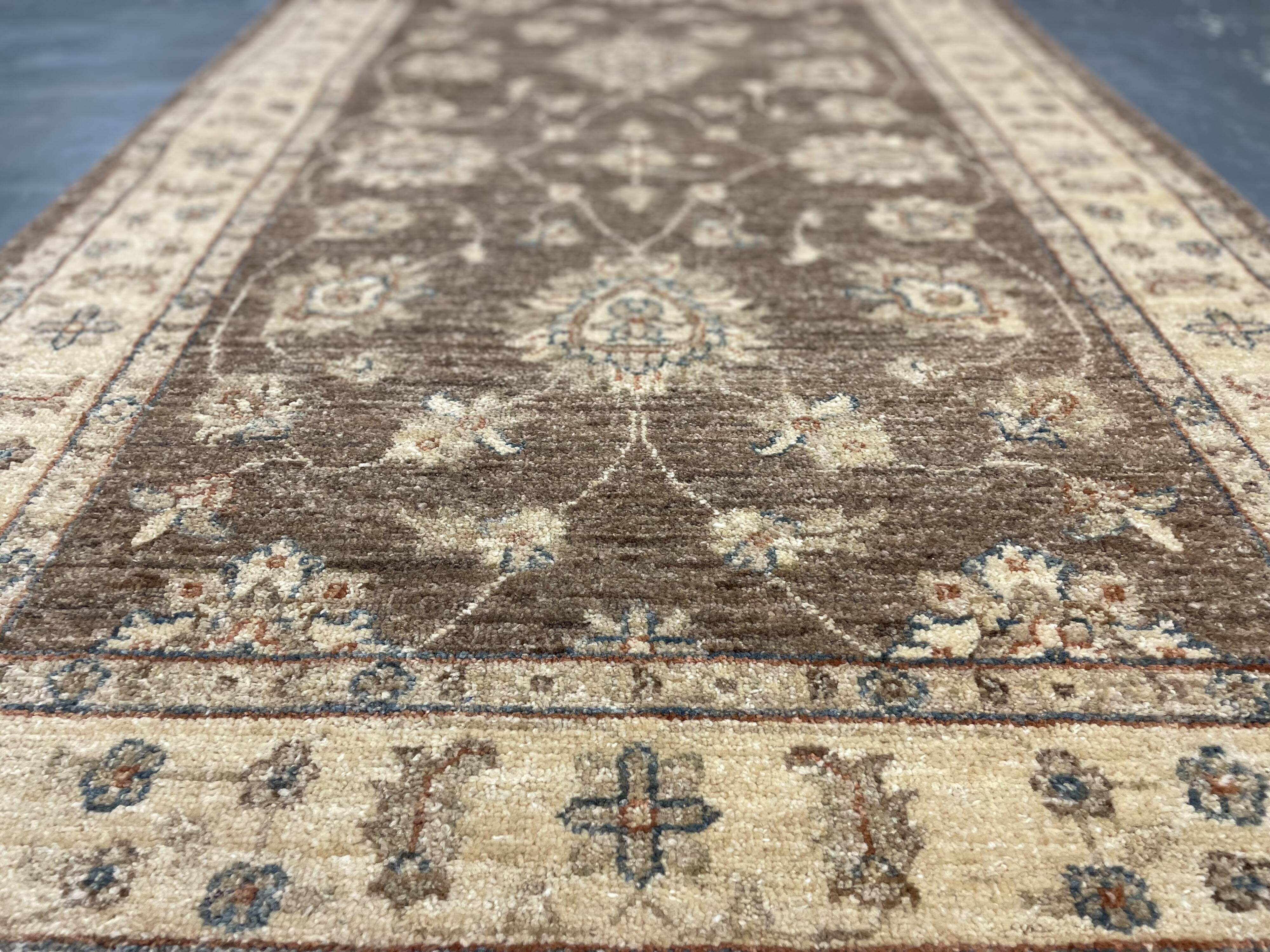Brown Wool Rug, Handmade Floral Ziegler Carpet 148x96cm Oriental Decor
