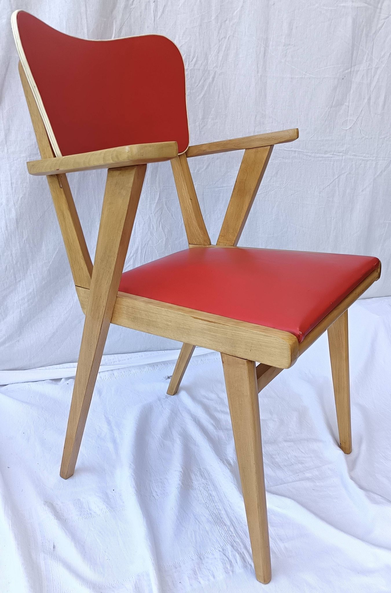 1960s wooden chair with armrests and faux leather seat