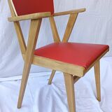 1960s wooden chair with armrests and faux leather seat
