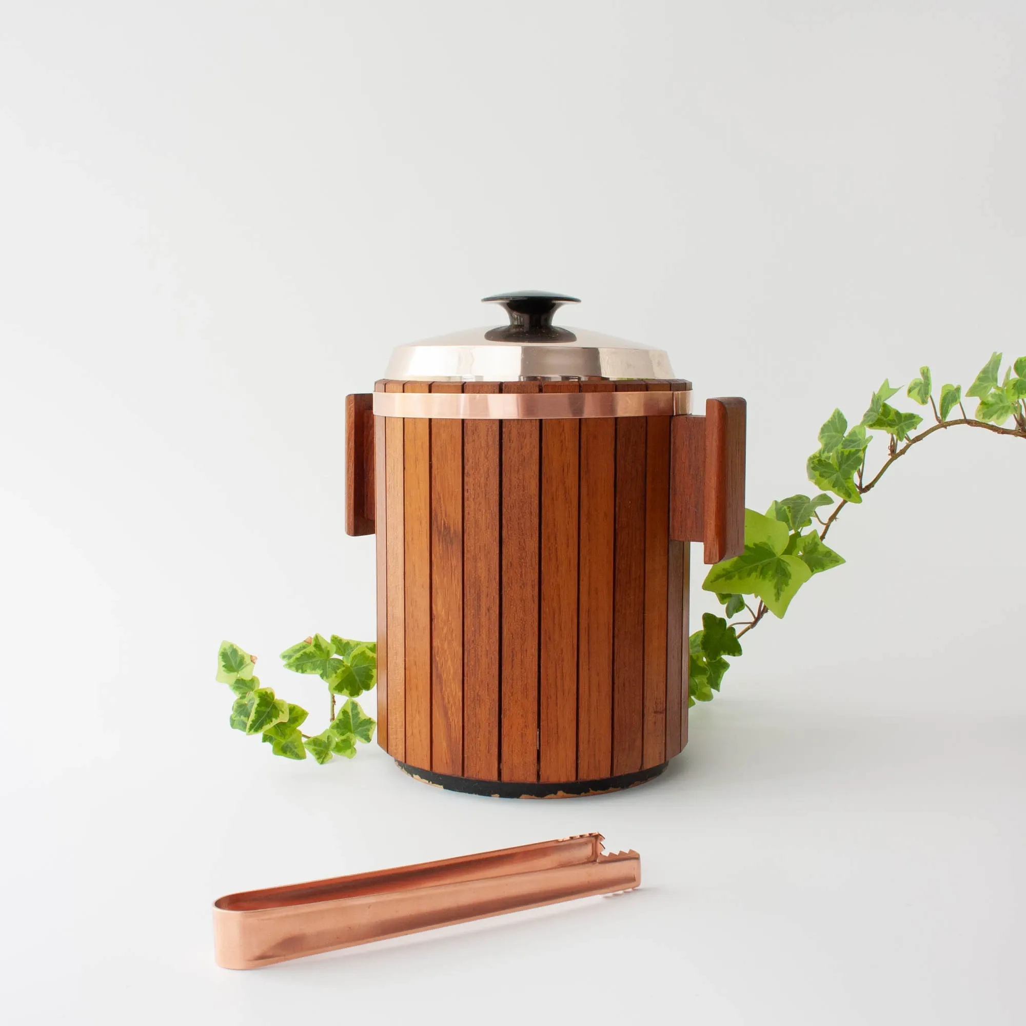 Vintage Danish Wood Ice Bucket with Copper Details, 1960's