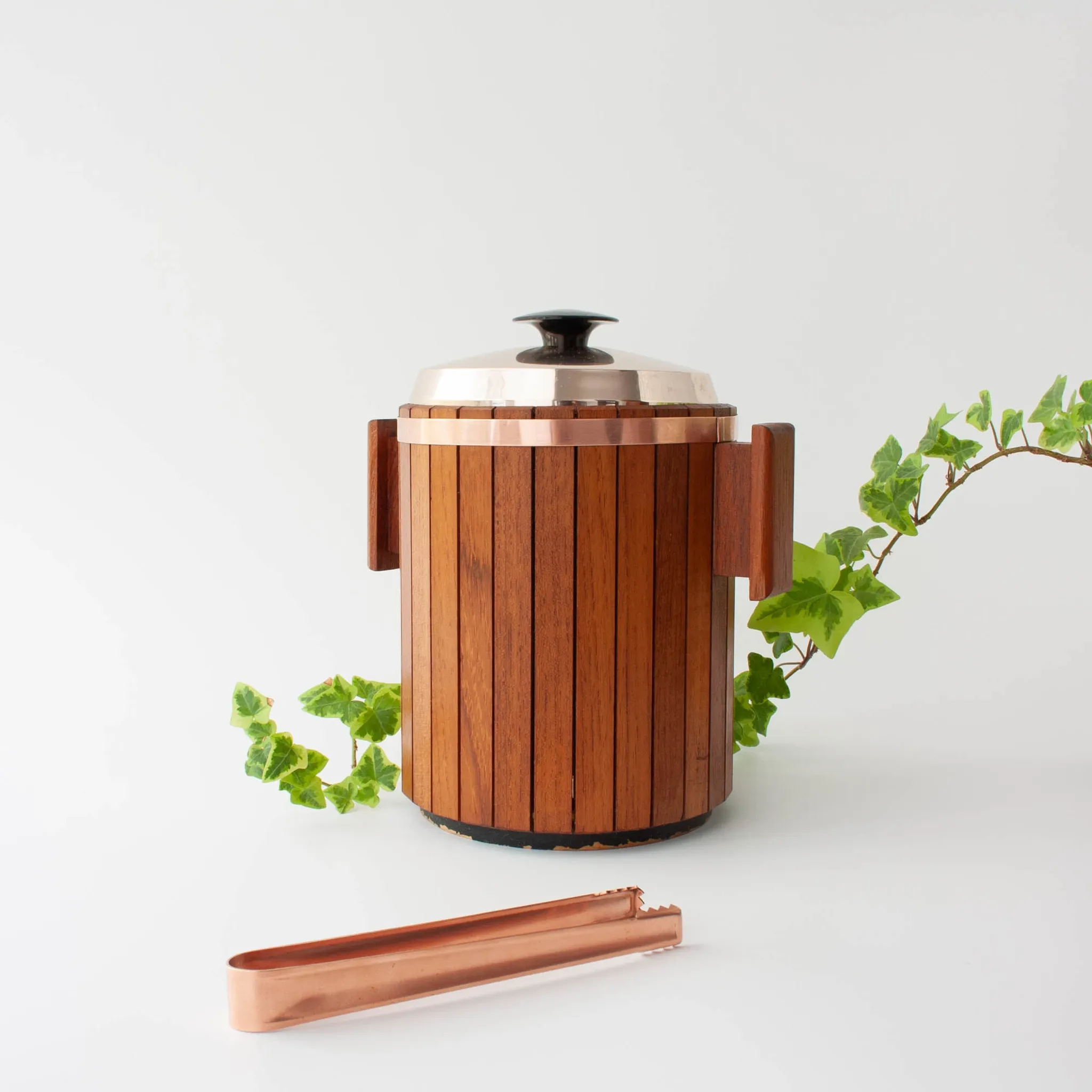 Vintage Danish Wood Ice Bucket with Copper Details, 1960's