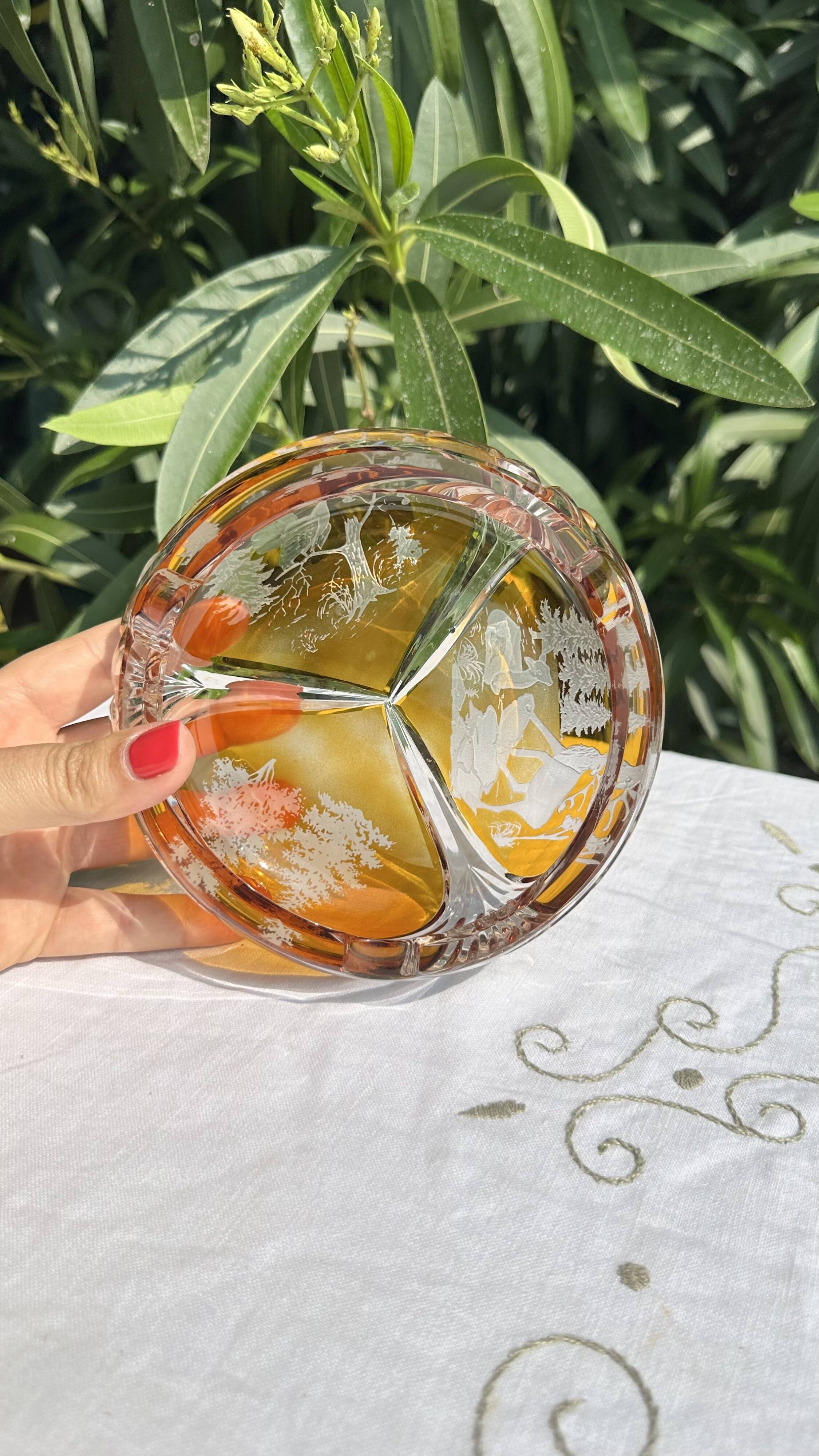 Magnificent Vintage Bohemian Ashtray in Cut Crystal of Yellow Orange