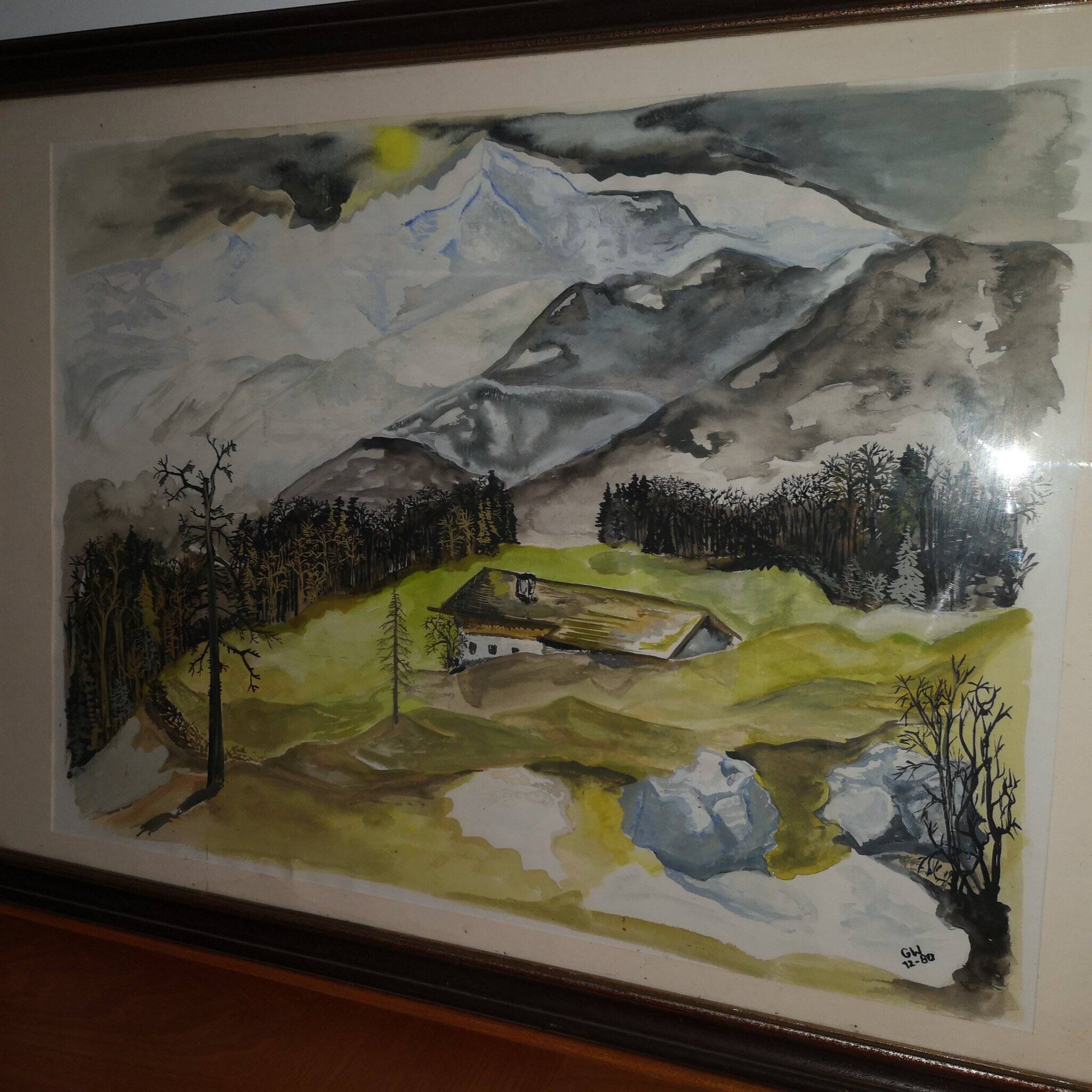 Watercolor landscape mountain chalet by gw ledward 12 80 switzerland savoie sign gw 12 80
