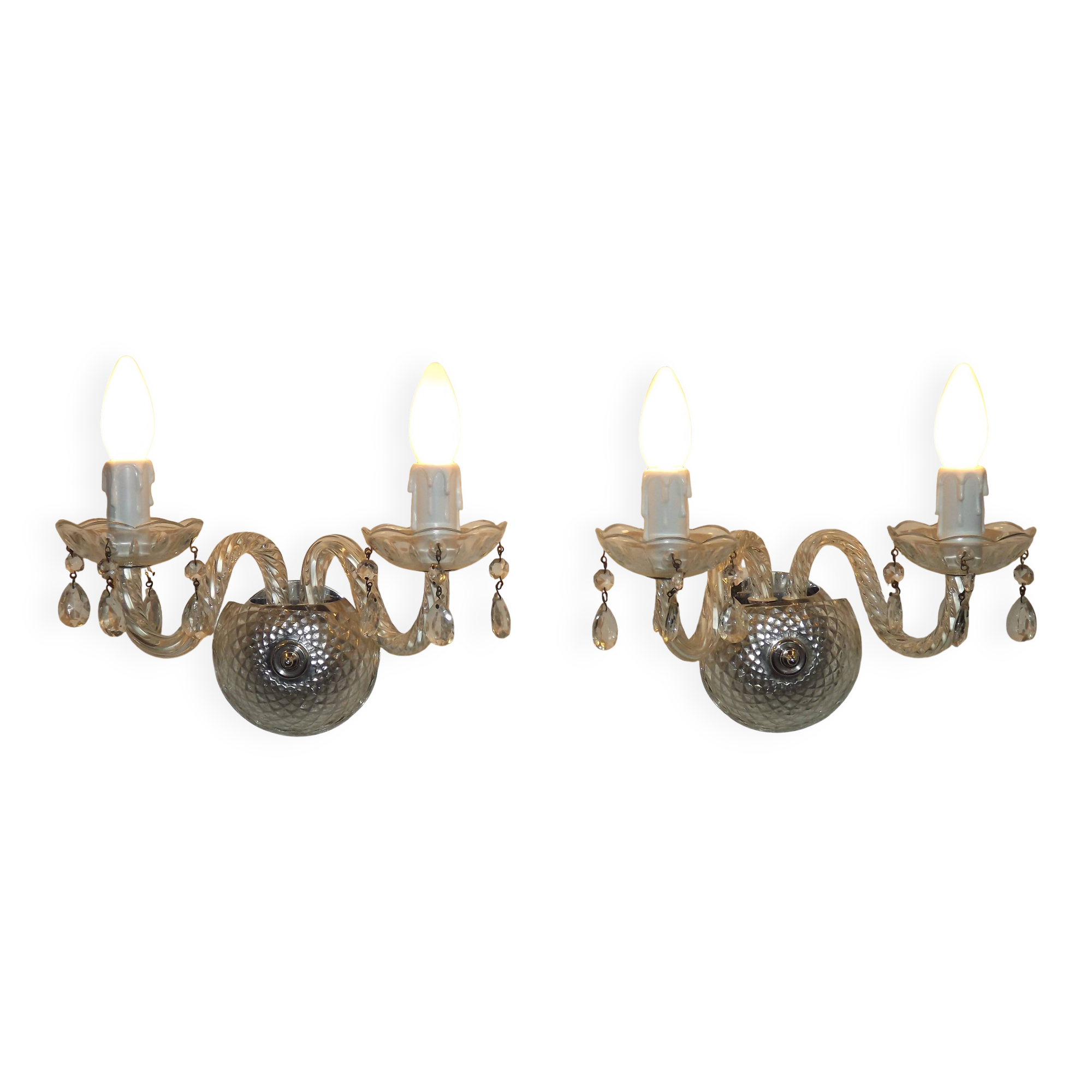 Pair of French vintage double crystal wall lights with barley twist glass arms.