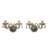 Pair of French vintage double crystal wall lights with barley twist glass arms.