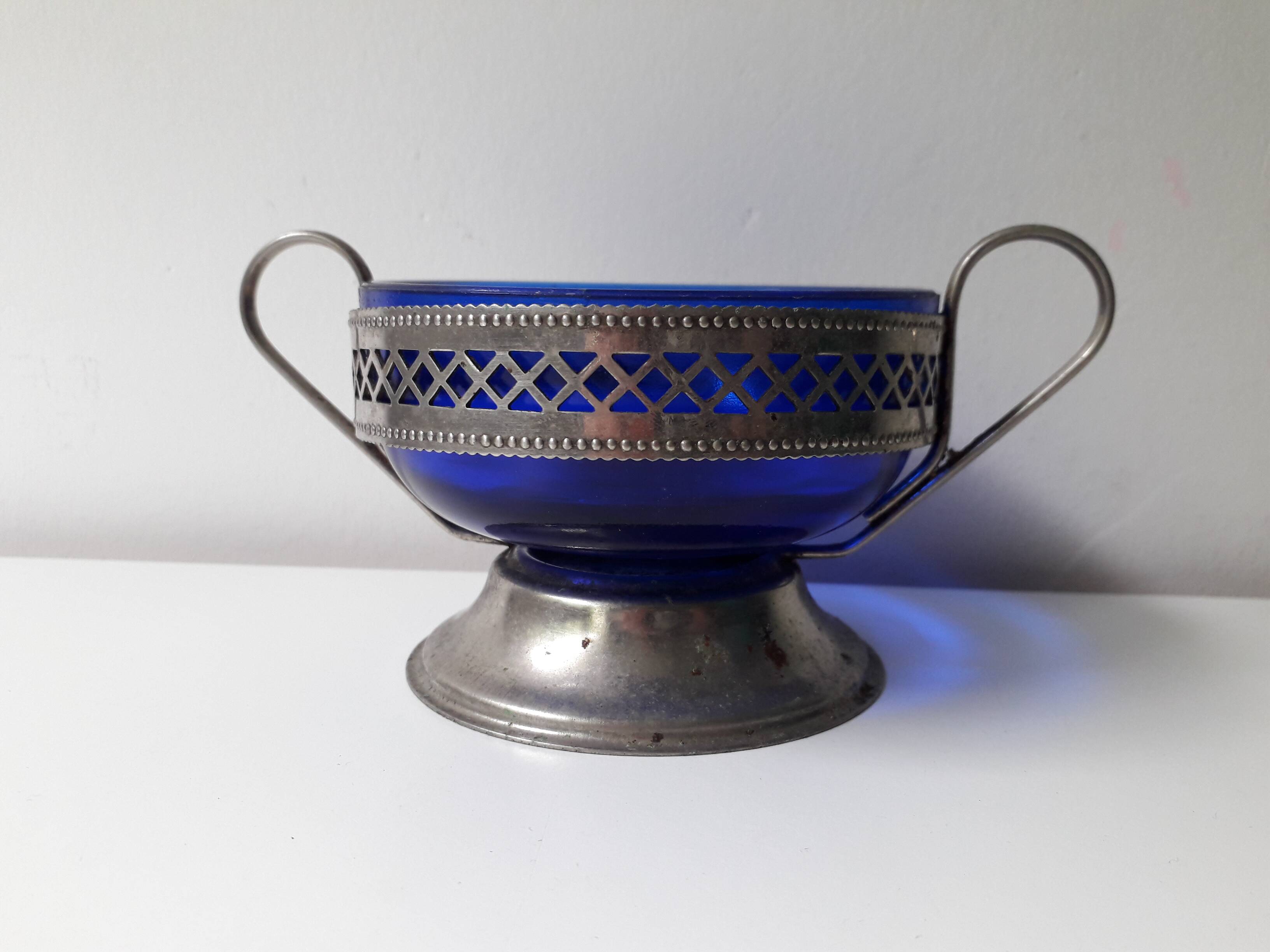 Navy blue bowl with pewter base (A1)