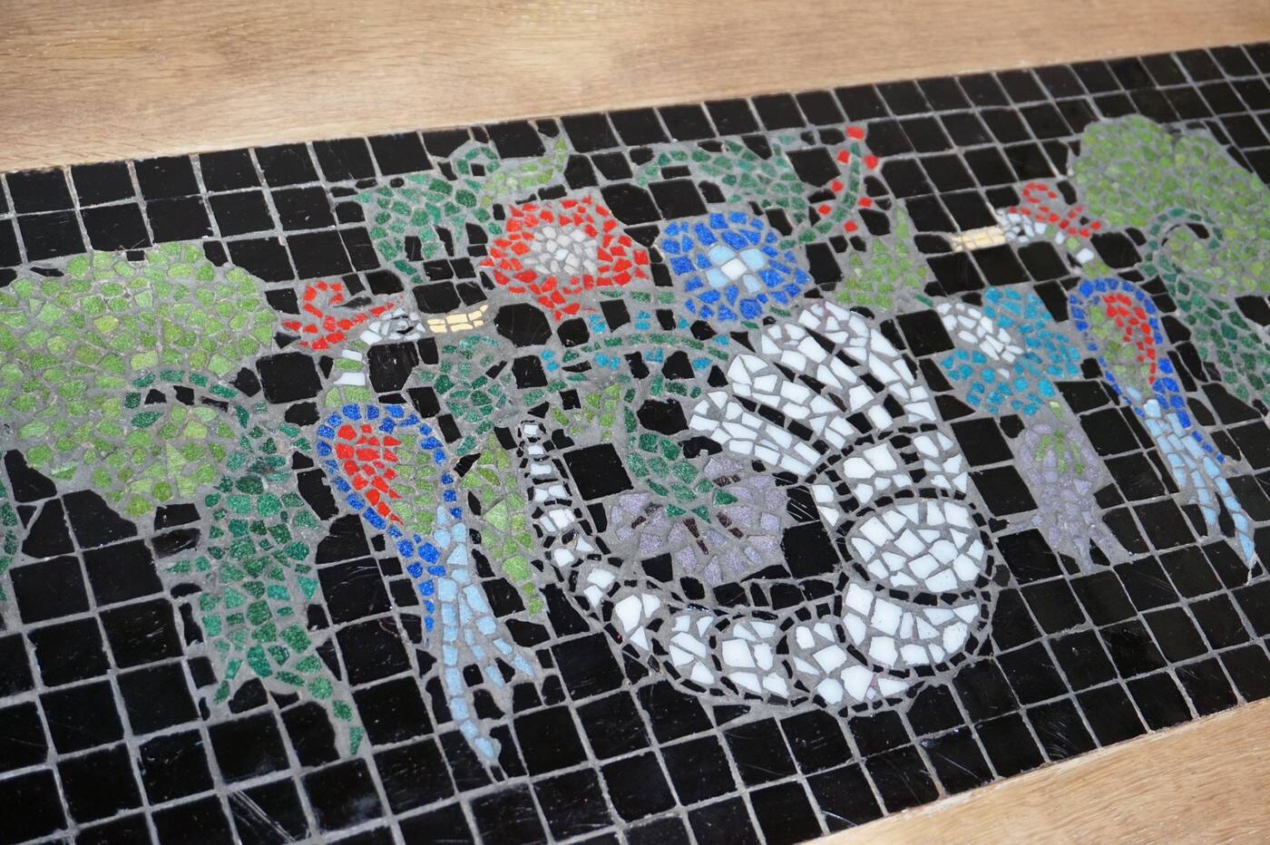 Vintage Oak &  Mosaic Coffee Table with Brids, Louis XV style 1970s