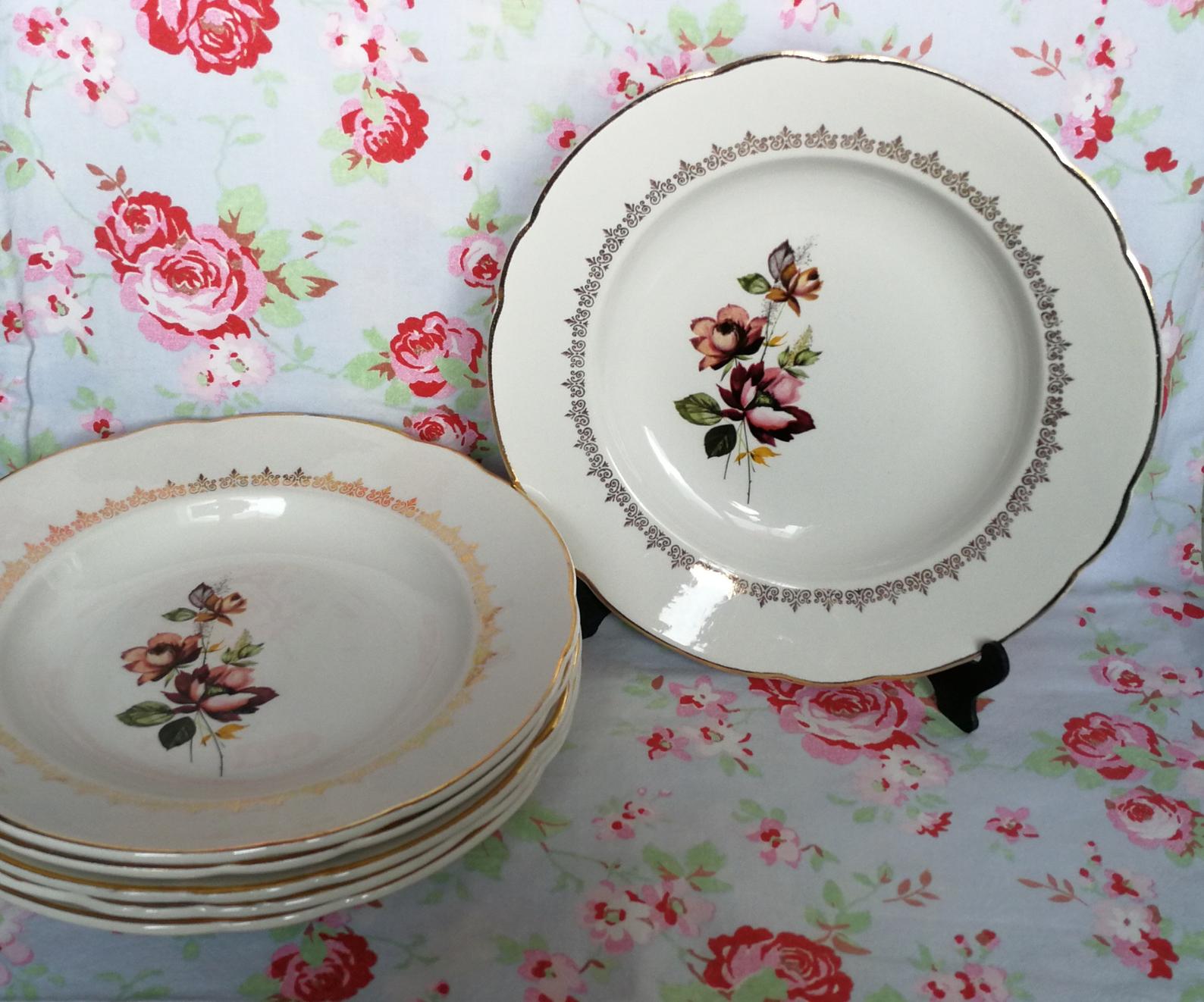 6 soup plates old crockery roses multi colour golden